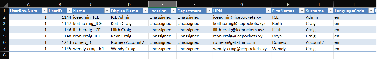 Exported users in excel