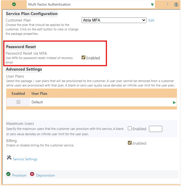 Customer Multi Factor Authentication service settings showing Password Reset via MFA enabled